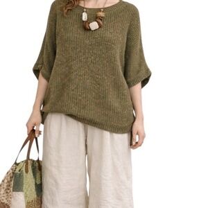 Easel Olive Speckled Oversized Textured Knit  Lagenlook Artsy Layering Sweater L